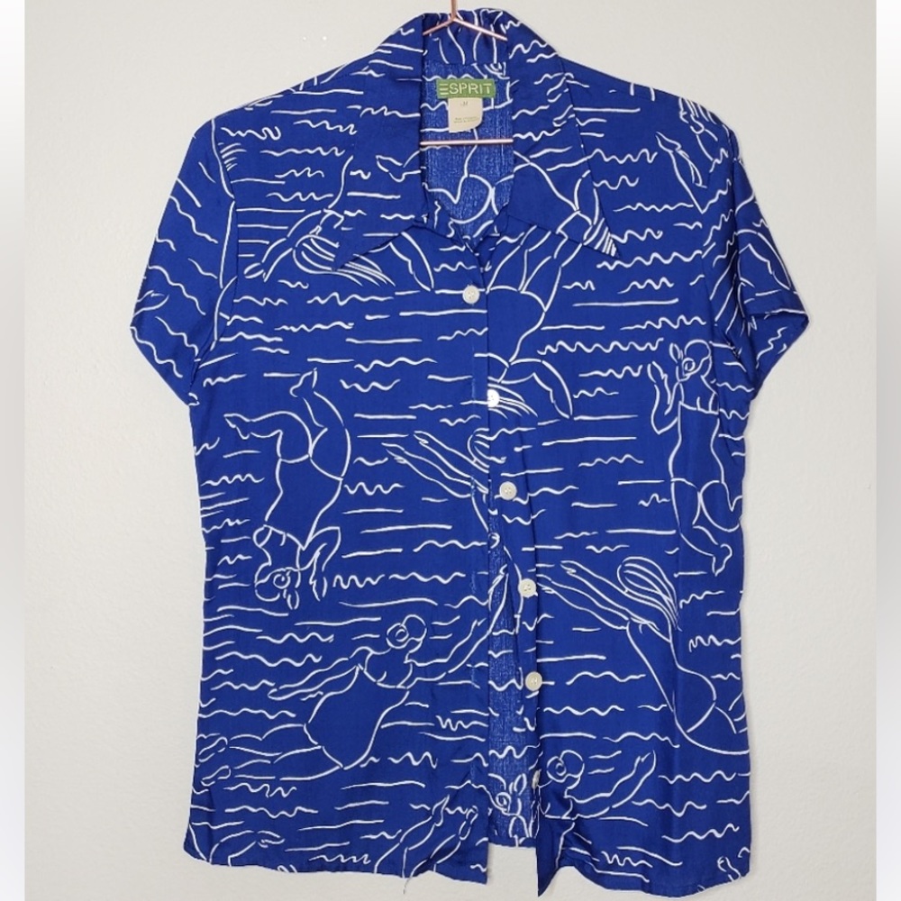 ESPIRT Vintage Retro Swimming Ladies Pointed Collar graphic button up shirt M